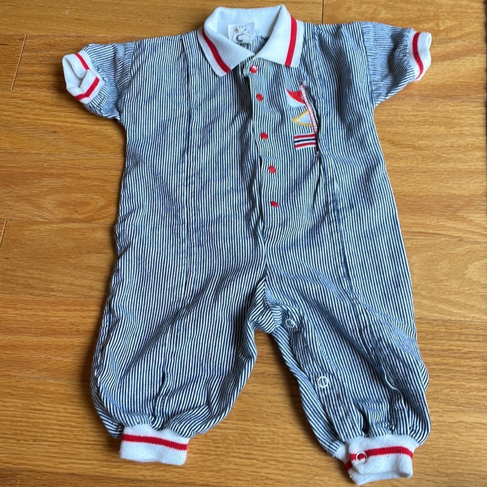 Buster Brown Vintage 6 to 9 months one piece pinstripe nautical baby boys outfit